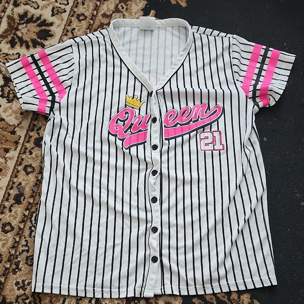 F of NY Queen Graphic Striped Baseball Styled Button Up Shirt- Pink & Black; 2X - Picture 1 of 12